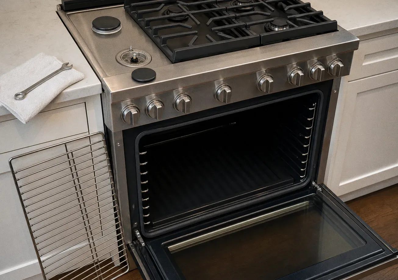 A stainless gas range seen at an angle with the oven door open and a wire rack propped against the cabinet beside it