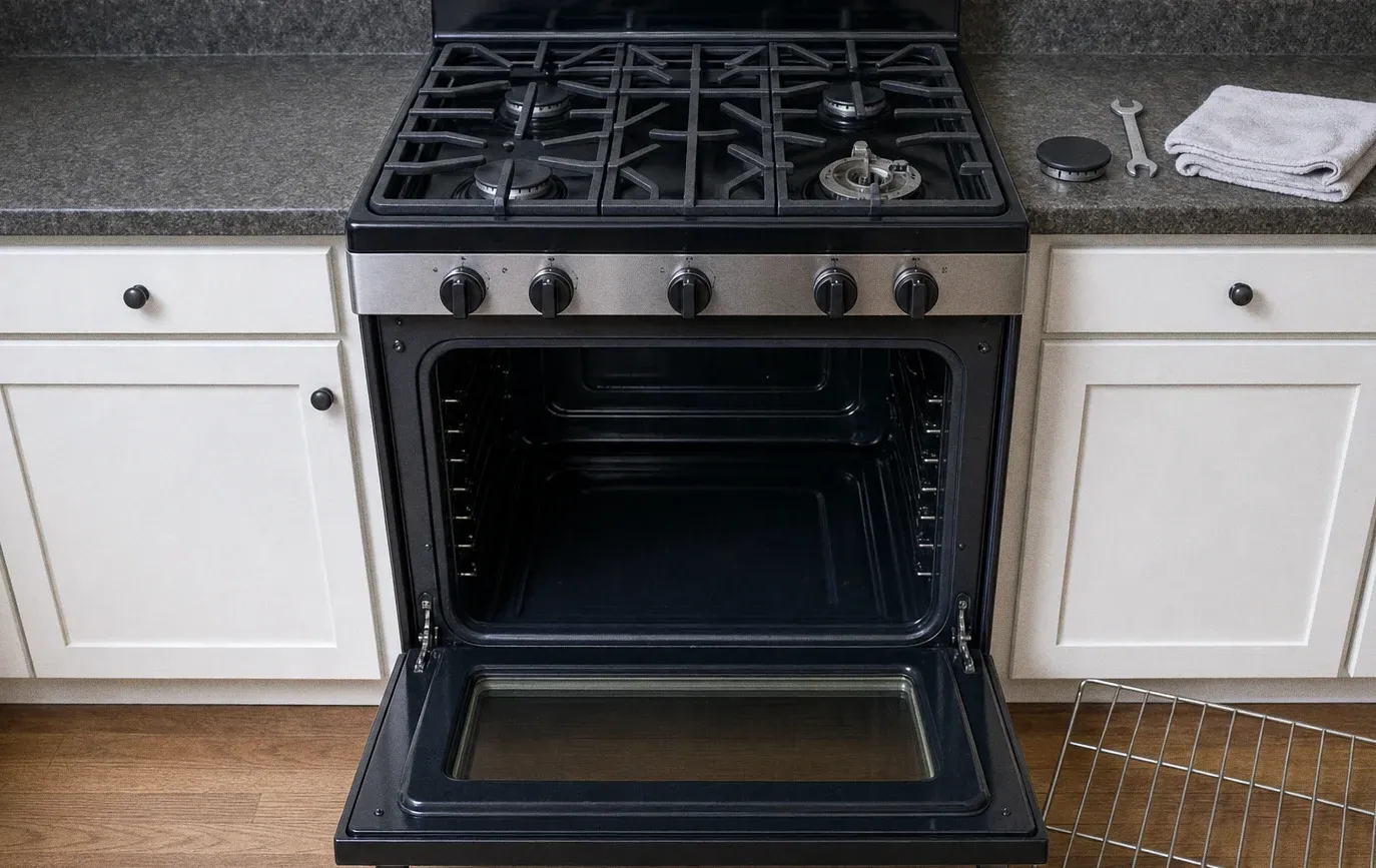 A stainless gas range photographed straight on with the oven door fully open and empty, a wrench and towel on the counter beside it